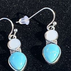 Silver Colored Turquoise And White Stone Earrings