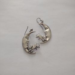 Sterling Silver Cow Jumping Over The Moon Earrings 