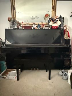 Black Upright Piano with Bench