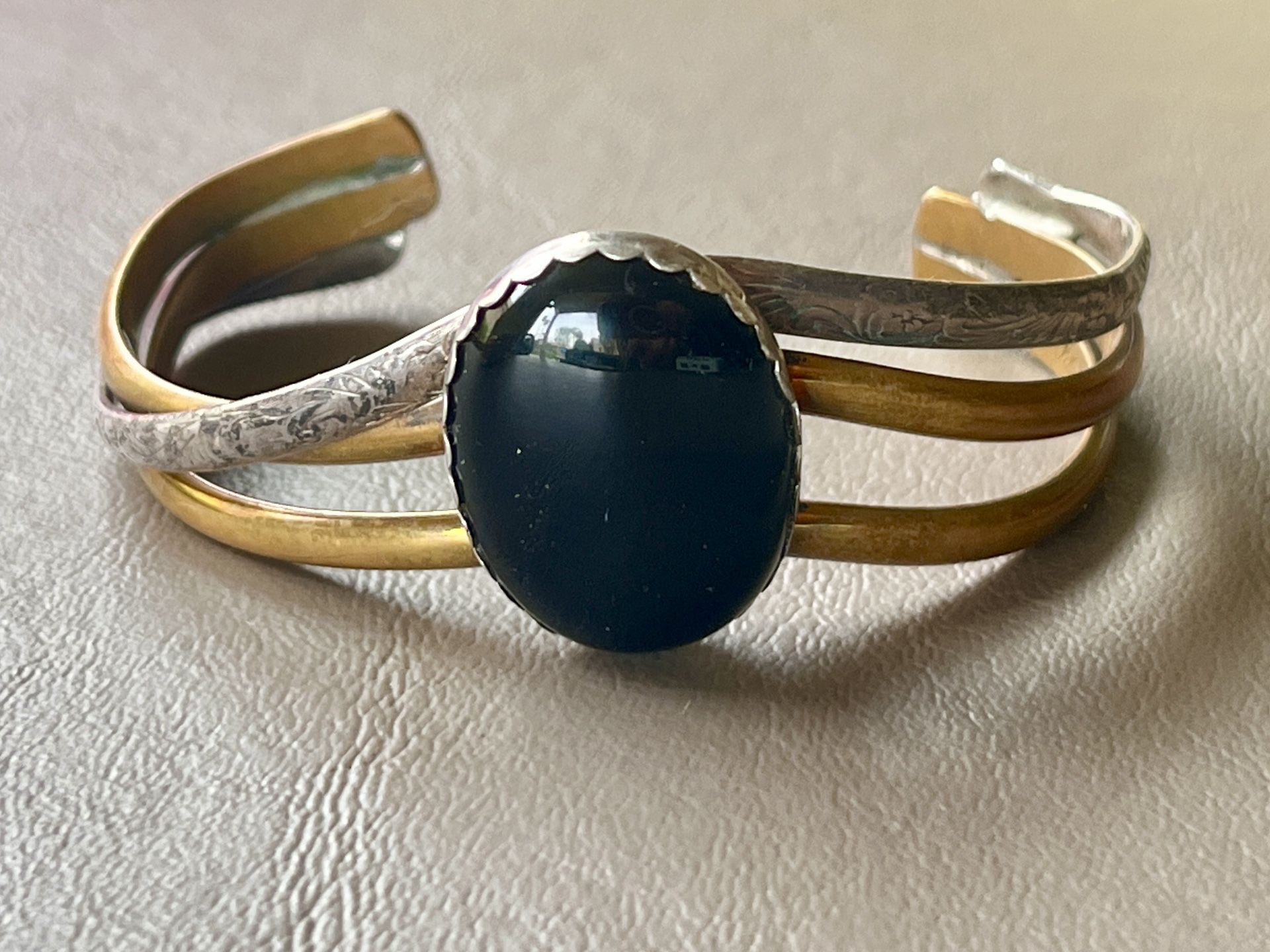 Sterling Silver & Onyx Cuff Bracelet w/ Mixed Metals By Reneé Lupre 28gr