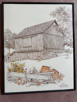 Vintage Wooden Barn Pen, Ink and Watercolor Art Print Wall Decor