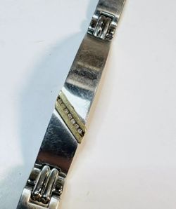 Gorgeous 10k Yellow Gold & Stainless Steal Link With Diamonds Bracelet 8” 