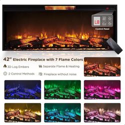 42 Inch Electric Fireplace Ultra Narrow Frame Recessed and Wall Mounted Fireplace Heater, Log, Driftwood & Crystal Option, Thermostat Black