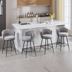 BFZ Bar Stools Set of 4 for Kitchen Counter, 26 inch Modern Fabric Counter Height Barstools, 360°Swivel Bar Chairs Stools with Woven Back and Footrest