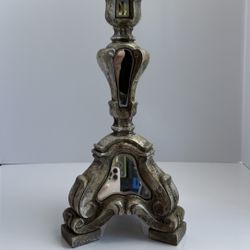 Heavy Mirrored Pillar Candle Holder Antique Silver Finish Rococo Baroque Decor