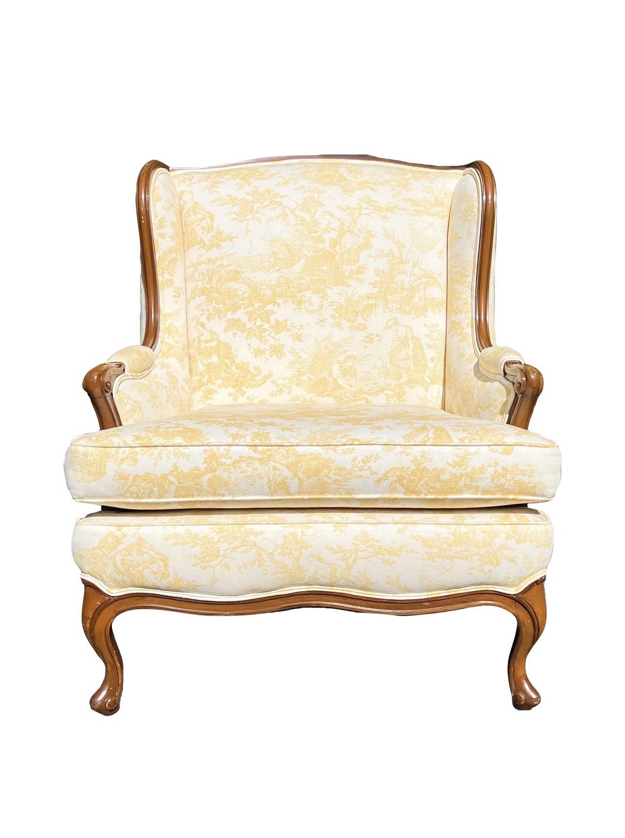 Mid 20th Century Yellow Toile French Country Wingback Chair