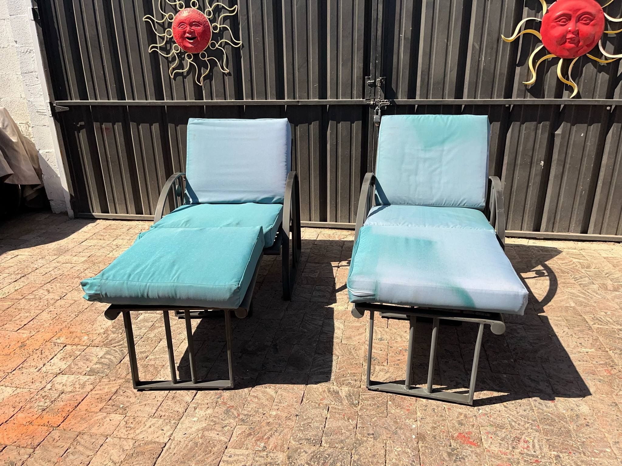 2 Heavy Metal Chairs w/ Cushions & Metal Leg Rests
