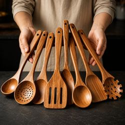 [NEW] Solid Teak Wood Kitchen Utensils - Set of 10 (See Description)