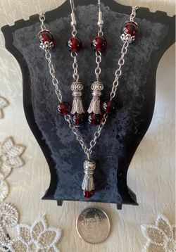 Red 8mm Translucent Glass Bead and Silver-Toned Jewelry Set / Necklace and Earrings