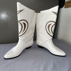 Barbarossa Leather Cowboy White Boots Made In Italy Size 37 With Unique Design.