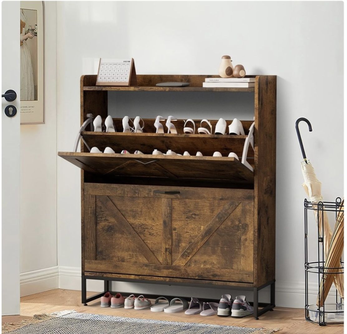 Shoe Cabinet, Shoe Storage Cabinet with 2 Flip Drawers & Adjustable Shelf,
