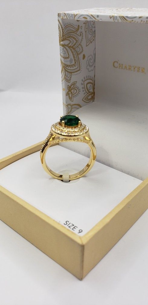 Charter Club Goldtone Emerald Pavé Halo Ring Size 9.