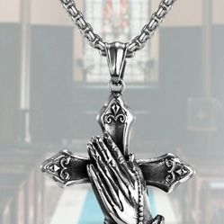 Stainless Steel Biker Necklace 22" Praying Hands New