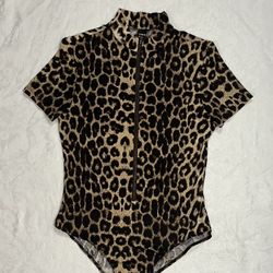 Shein Leopard Print Short Sleeve Zip Up Bodysuit