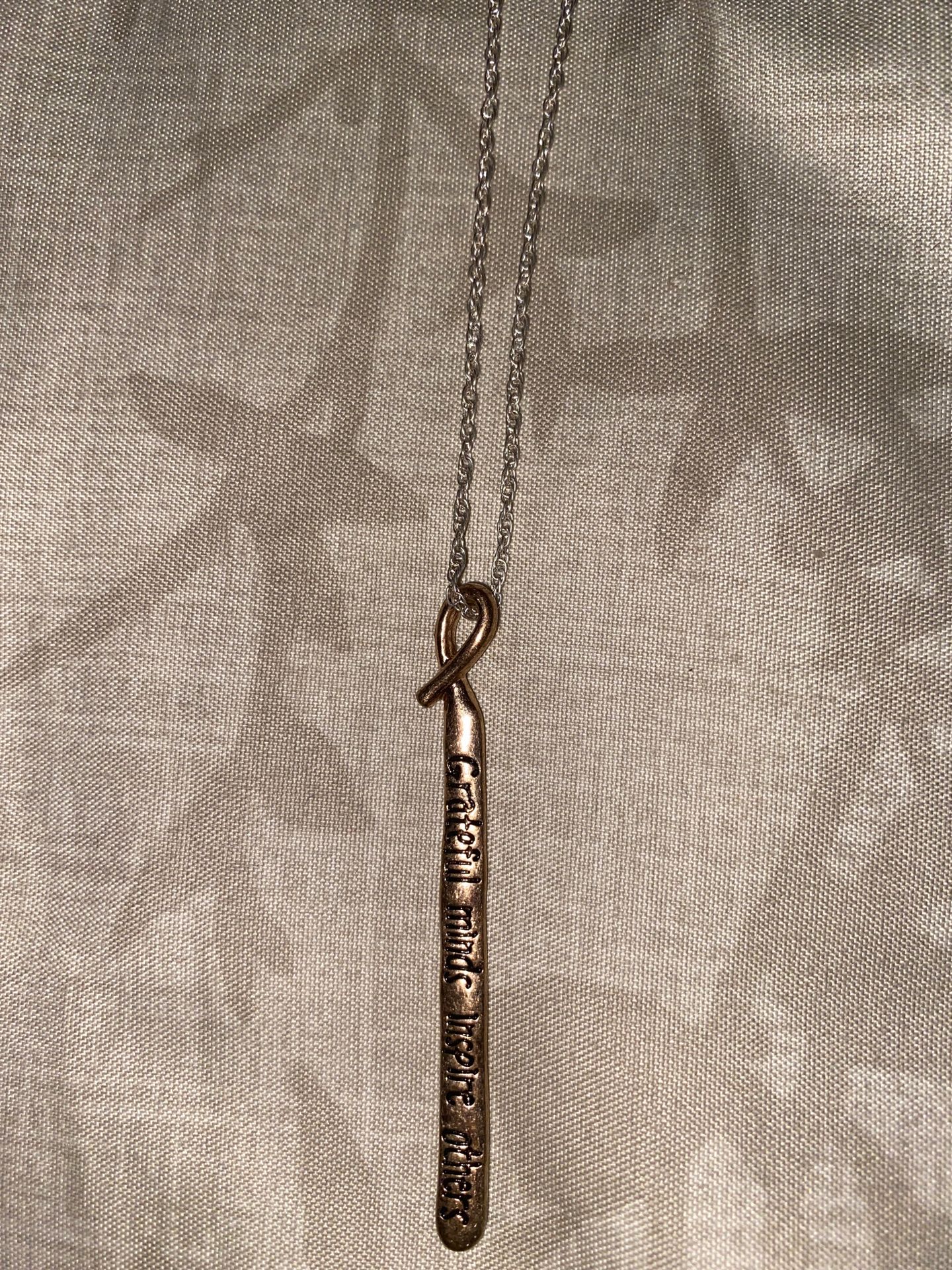 Grateful Minds Inspire Others gold charm with silver chain and gold necklace and earrings