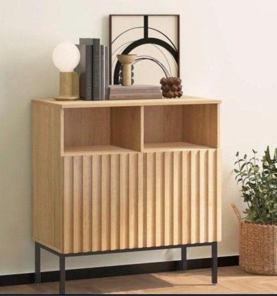 Oxford Fluted Storage Cabinet, Sideboard Buffet Credenza Cabinet with Doors & Shelves Accent Console Cabinet for Living Dining Room, Entryway, Natural