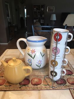 Tea Pot, Flower vase, and Mini tea cups
