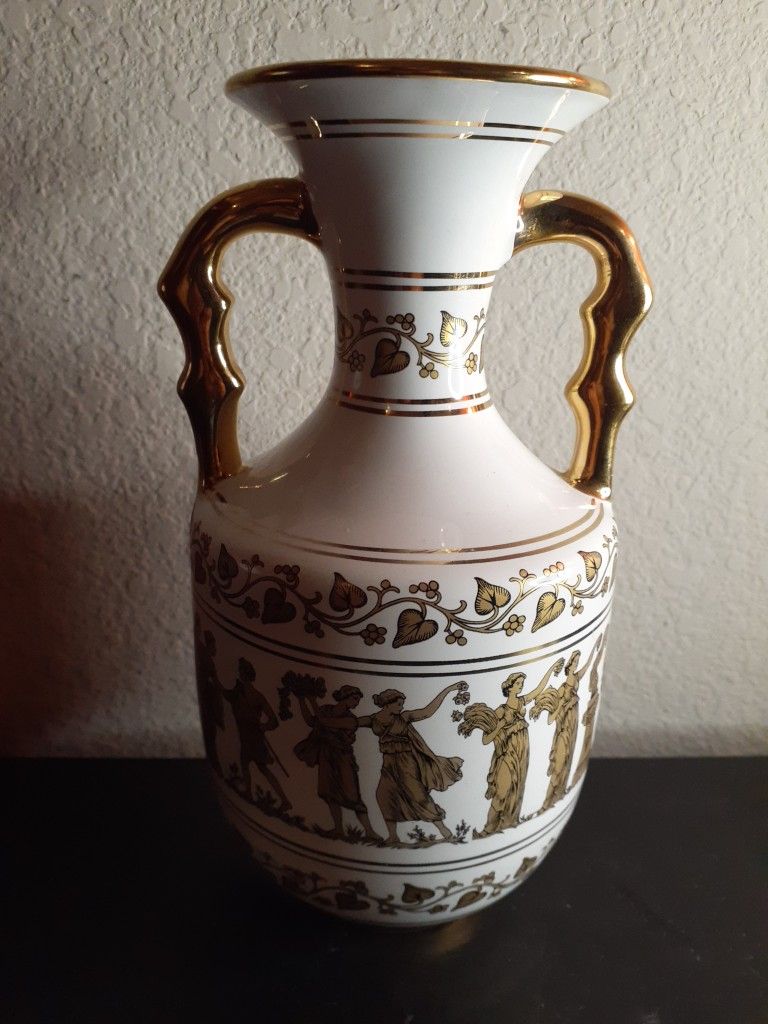 EXQUISITE Neofitou Keramik 24K Gold Painted Dual Handle 9" Vase Made in Greece.