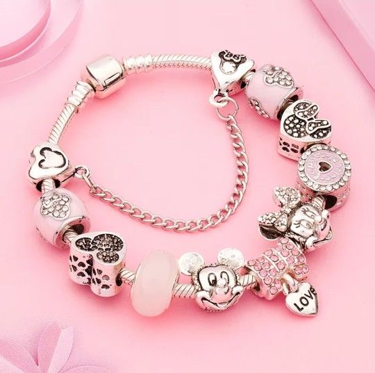 Brand New Mickey/Minnie Mouse Charm Bangle Silver/Pink Bracelet