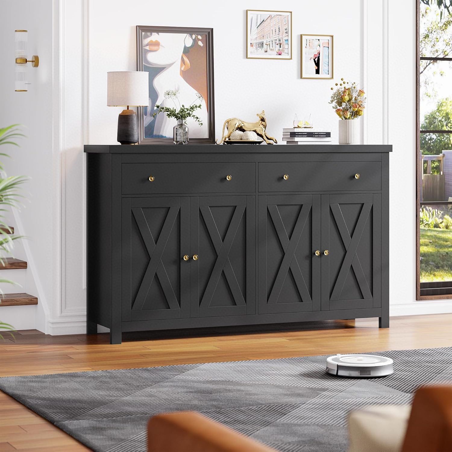 Sideboard Buffet Cabinet with Storage, 55" Large Kitchen Storage Cabinet with 2 Drawers and 4 Doors, Wood Coffee Bar Buffet Table