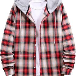 Mens Flannel Shirt Plaid Hoodie Teen Boys Shirts Casual 