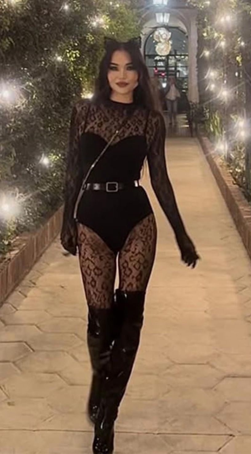 Leopard Print Backless Closed Crotch One-Piece Fishnet Bodysuit, Black
