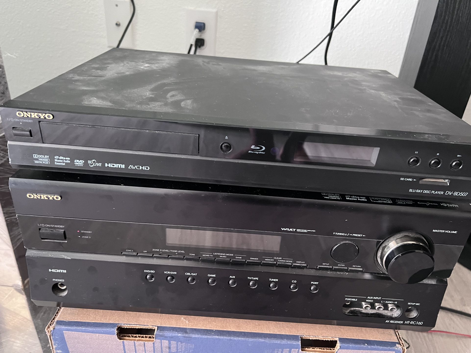 Onkyo AV Receiver with 2 Speakers And A Subwoofer And Bluray Disc Player 