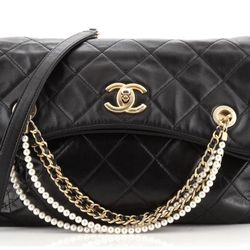 CHANEL Pearl Strap Fold Over Quilted Calfskin Medium Shopping Tote