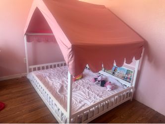 White and Pink Full Floor Platform Bed with Canopy Roof, Fence Guardrails, 3 Storage Bookshelves,