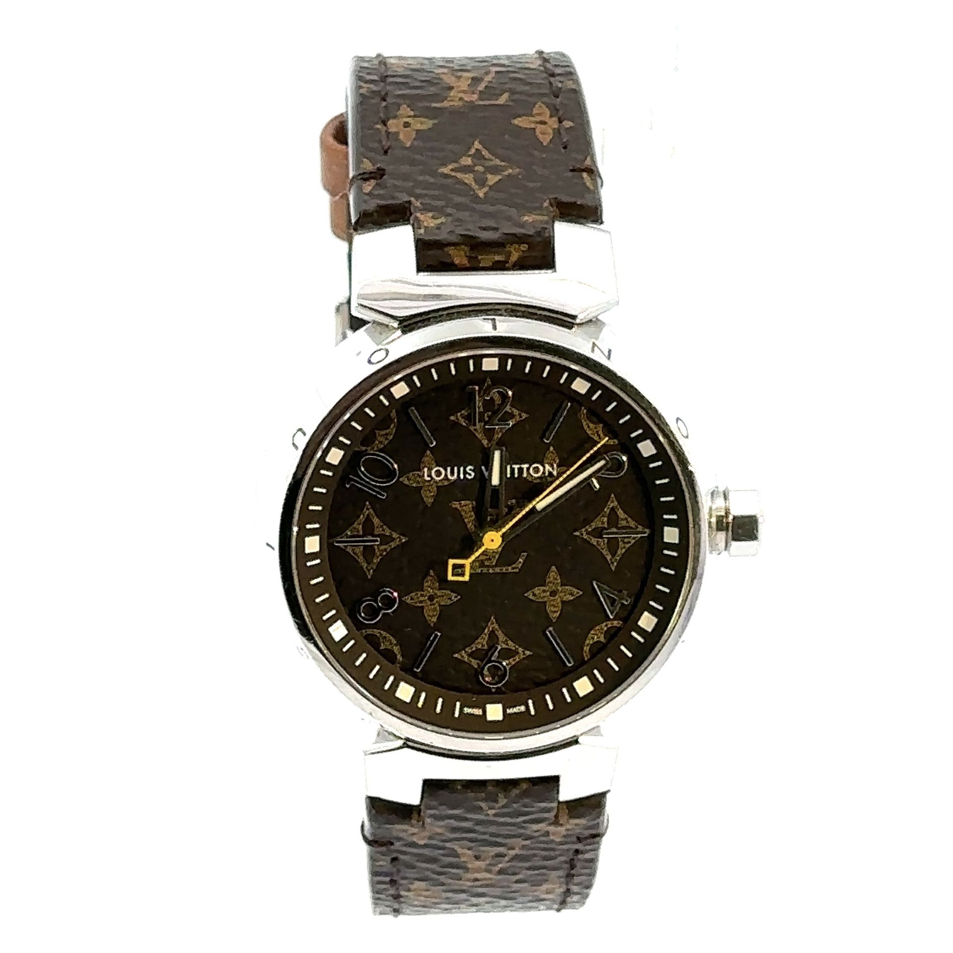 Men’s Authentic Louis Vuitton Tambour MM QA071Z  Monogram Strap Watch GP3124524