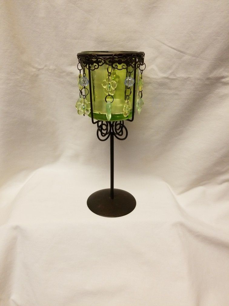 Green Beaded Candle Holder With Black Stand