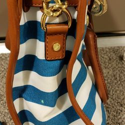 New Michael Kors Hamilton Large Canvas/Leather Blue and White Stripe Canvas Satchel & Wallet