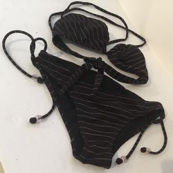 Bathing Suit For Women. Black And Purple Stripes. Beaded Ties