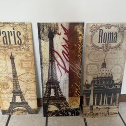 Set of 3 Paris & Rome Wall Art Panels – Vintage European Travel Decor