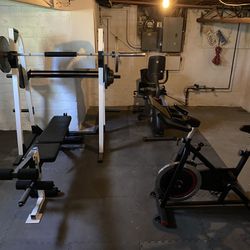 Home Gym (NordicTrack commercial Treadmill+ Squat Rack/bar/weights, Adjustable Bench, 2 Stationary Bikes