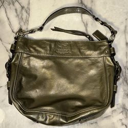 Vintage Y2K Lg Coach Metallic Pewter Hobo Shoulder Bag Patent Leather Handbag