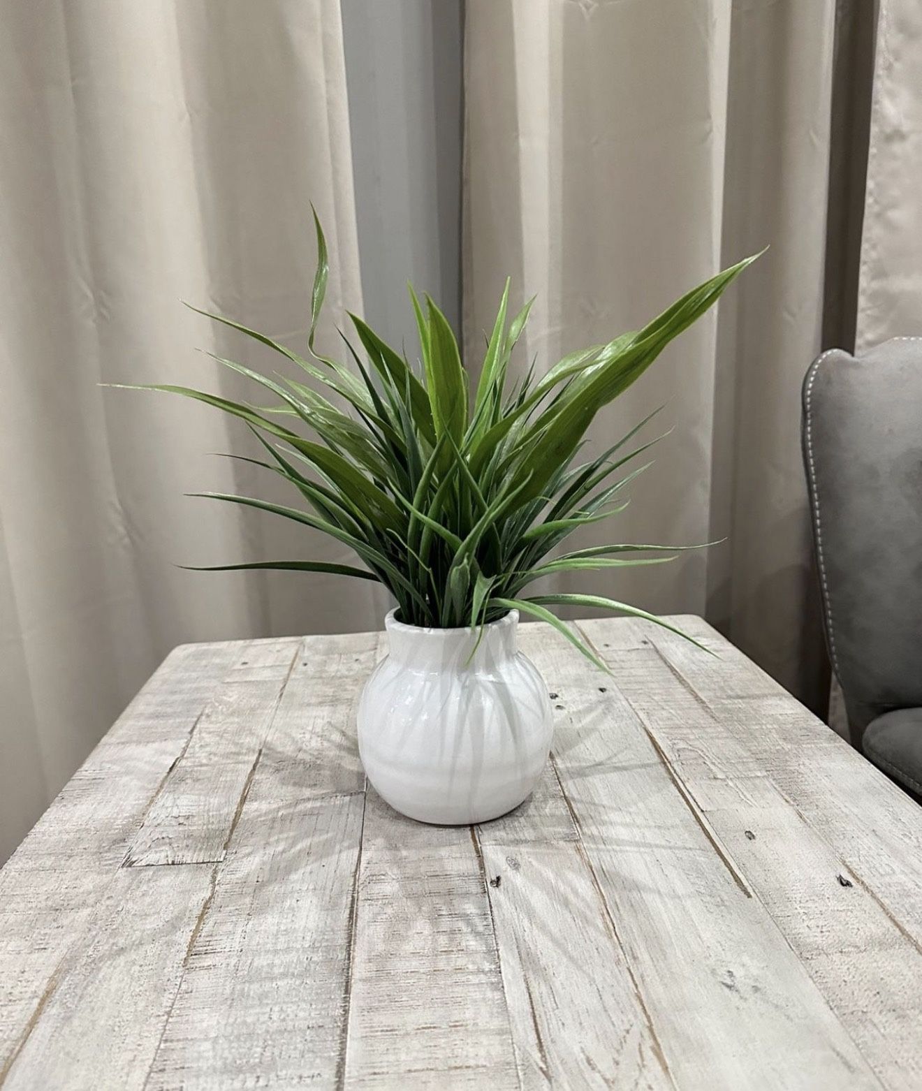 Fake Artificial Grass in Modern White Ceramic Plant Pots. Table Centerpiece.