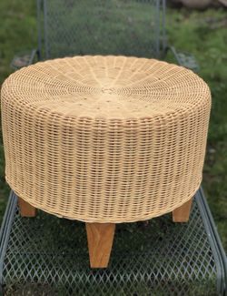 1970s Handwoven Wicker & Bamboo Round Footstool Ottoman