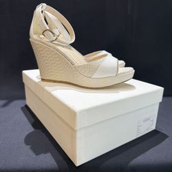Elizée Brigitte Wedge Heels, Made in Italy | White Shimmer Linen & Leather - 7.5