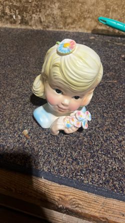 RARE Enesco 1950's Delsey Tissue Girls Headvase 6" Original Flowers Dream