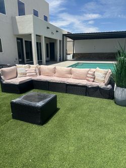 Outdoor backyard garden patio home furniture living sectional wicker black beige chairs couch sofa