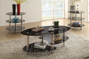 Brand new black glass shelved coffee table + 2 end tables