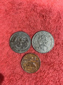 3 Antique Mexicans coins 20 cents 1960/ 5 pesos 1973/ 20 pesos 1981