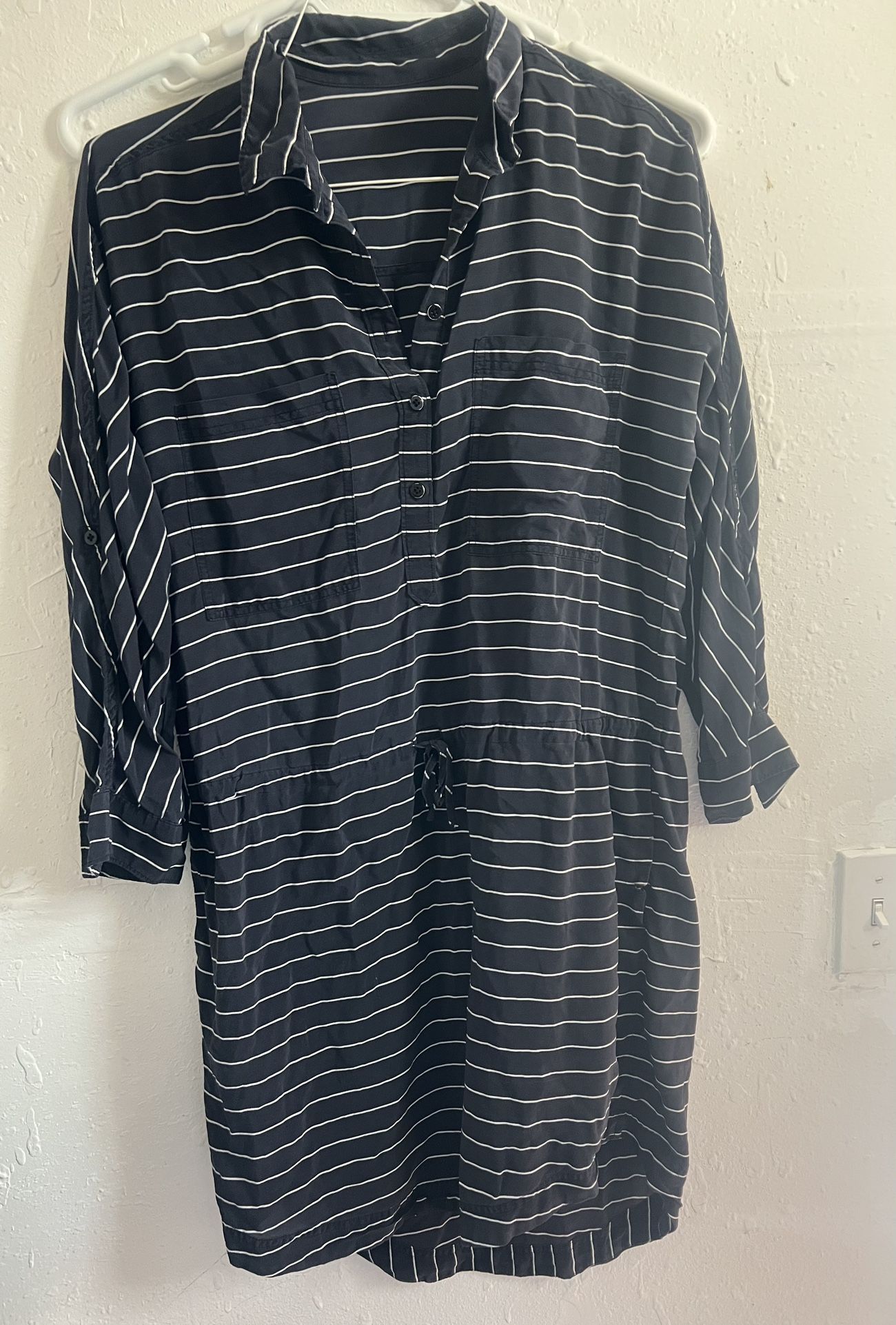 Ralph Lauren Shirt Dress Pure Silk Long Sleeve Belt Striped Dark Blue White 8