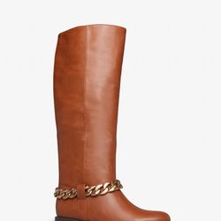 Nettie Chain Embellished Faux Leather Zip Up Flat Knee High Boots (Size: 6)