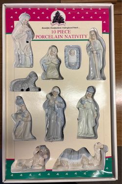 Vintage 10-piece porcelain nativity set by Holiday Classics featuring handpainted, underglazed figurines