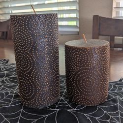Pair Of Brown Pillar Candles With Gold Design 