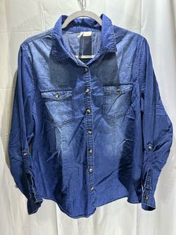 Passport Women’s Roll Tab Long Sleeve Blue Denim Button Down Shirt Size XL