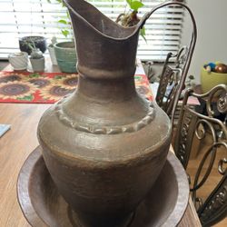 Vintage Hand-Hammered Copper Pitcher & Basin Set — Signed — 22” Tall Pitcher / 17” Basin