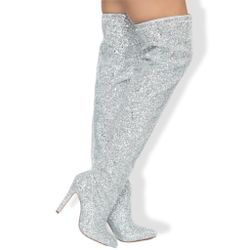Silver Sparkly Glitter Over-The-Knee Pointed Toe Stiletto Heel Boots Women’s 6.5